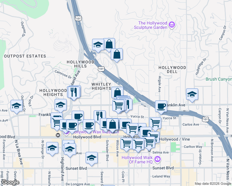 map of restaurants, bars, coffee shops, grocery stores, and more near 6532 Cerritos Place in Los Angeles