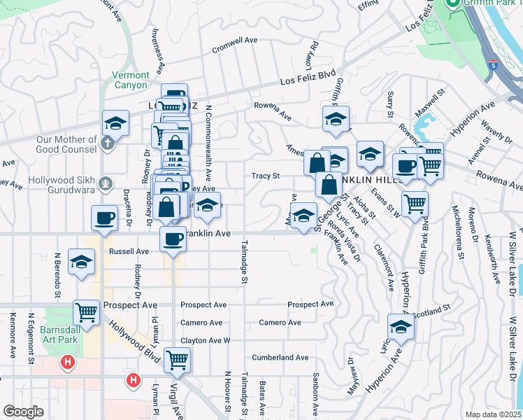 map of restaurants, bars, coffee shops, grocery stores, and more near 4189 Holly Knoll Drive in Los Angeles