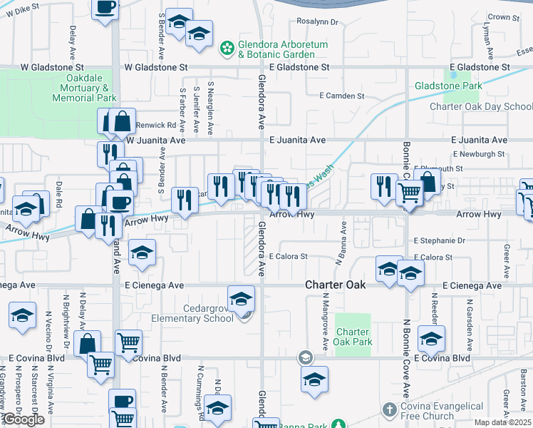 map of restaurants, bars, coffee shops, grocery stores, and more near 19706 East Arrow Highway in Covina