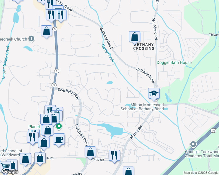 map of restaurants, bars, coffee shops, grocery stores, and more near 13326 Aventide Lane in Alpharetta