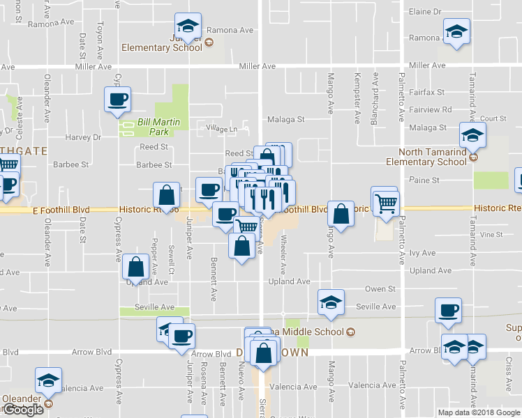 map of restaurants, bars, coffee shops, grocery stores, and more near E Foothill Blvd & Sierra Ave in Fontana