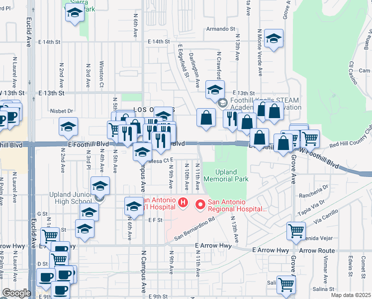 map of restaurants, bars, coffee shops, grocery stores, and more near 1060 West Historic Route 66 in Upland