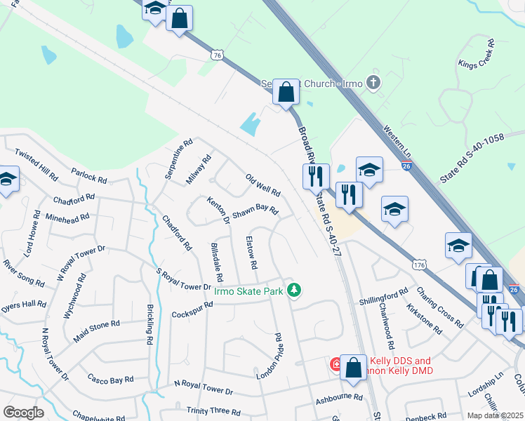 map of restaurants, bars, coffee shops, grocery stores, and more near 132 Shawn Bay Road in Irmo