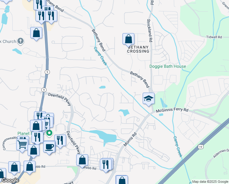 map of restaurants, bars, coffee shops, grocery stores, and more near 13446 Aventide Lane in Alpharetta