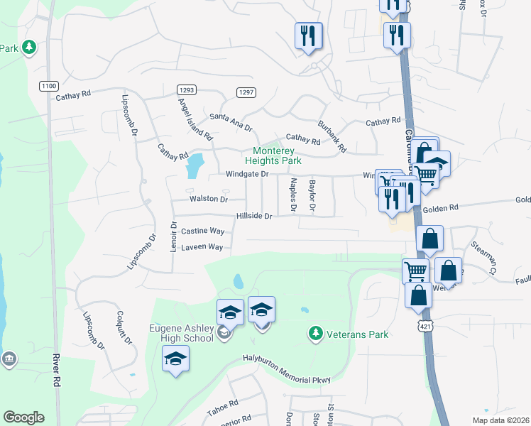 map of restaurants, bars, coffee shops, grocery stores, and more near 6341 Branford Road in Wilmington
