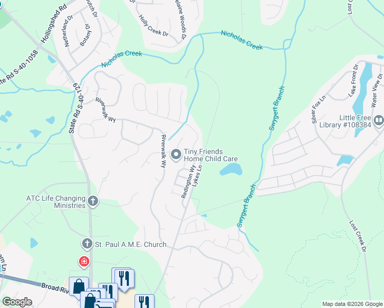 map of restaurants, bars, coffee shops, grocery stores, and more near 105 Caddis Creek Road in Irmo