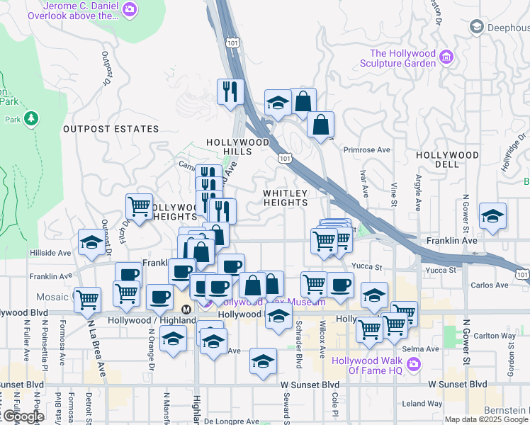 map of restaurants, bars, coffee shops, grocery stores, and more near 6640 Whitley Terrace in Los Angeles