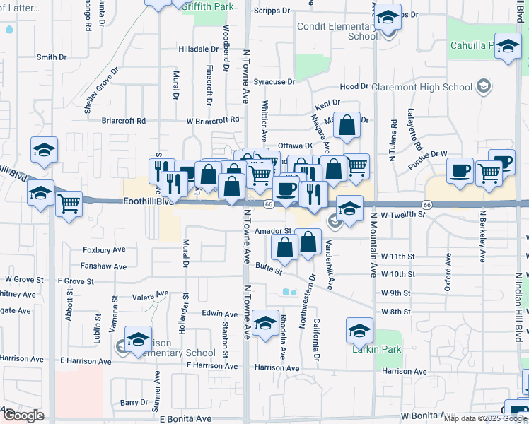 map of restaurants, bars, coffee shops, grocery stores, and more near in Claremont