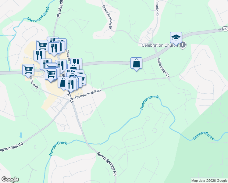 map of restaurants, bars, coffee shops, grocery stores, and more near 1010 Rosefinch Landing in Hoschton