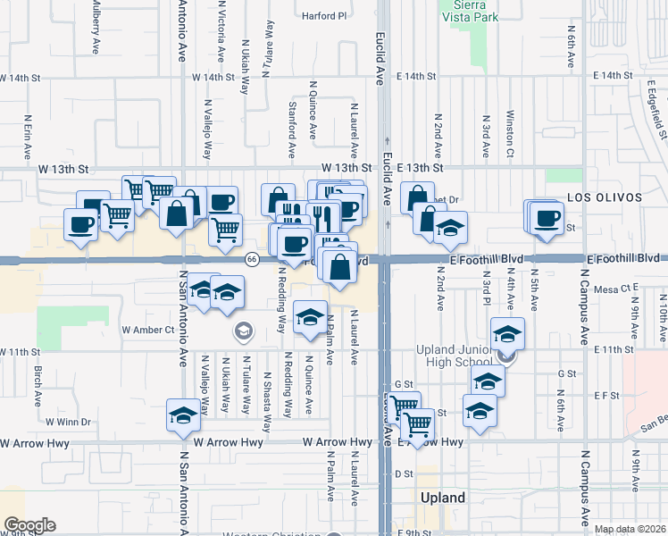 map of restaurants, bars, coffee shops, grocery stores, and more near 160 W Foothill Blvd in Upland
