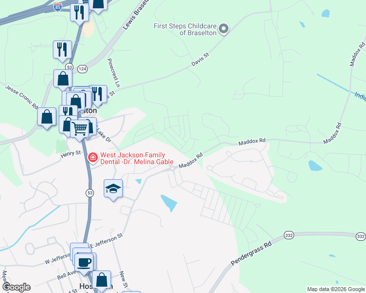 map of restaurants, bars, coffee shops, grocery stores, and more near 333 Golden Eagle Parkway in Hoschton