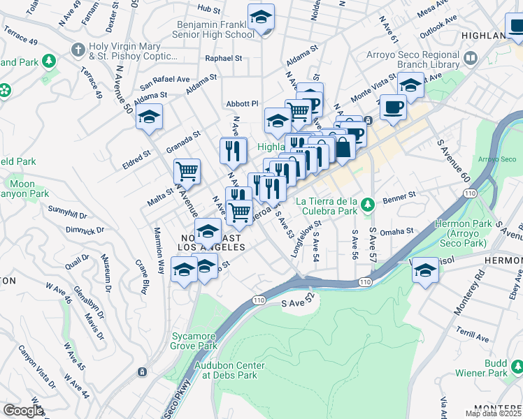 map of restaurants, bars, coffee shops, grocery stores, and more near 5241 North Figueroa Street in Los Angeles