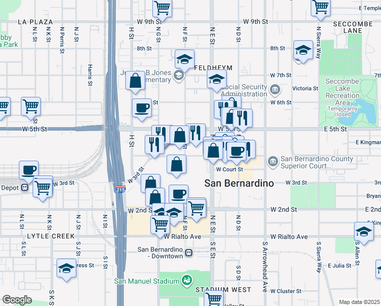 map of restaurants, bars, coffee shops, grocery stores, and more near 562 West 4th Street in San Bernardino