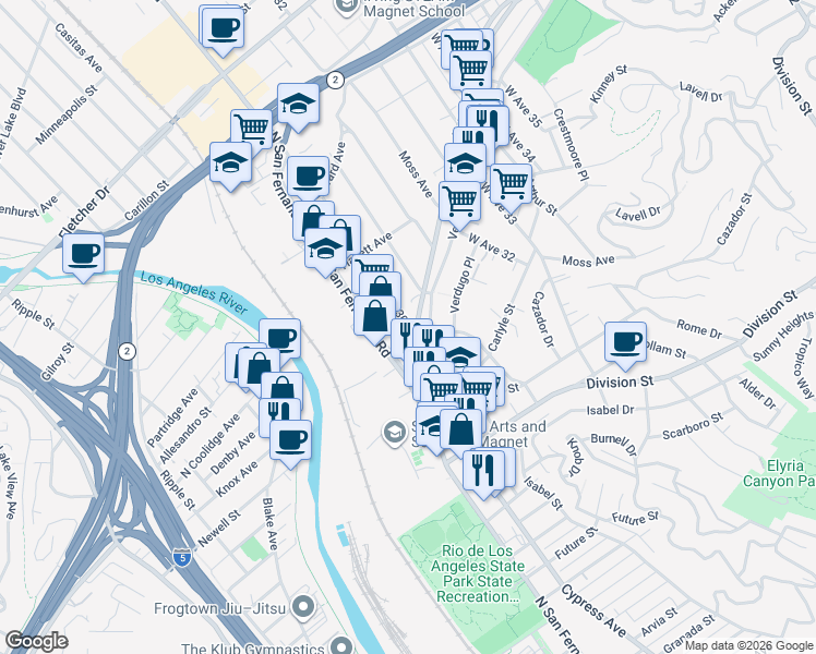 map of restaurants, bars, coffee shops, grocery stores, and more near West Avenue 30 in Los Angeles
