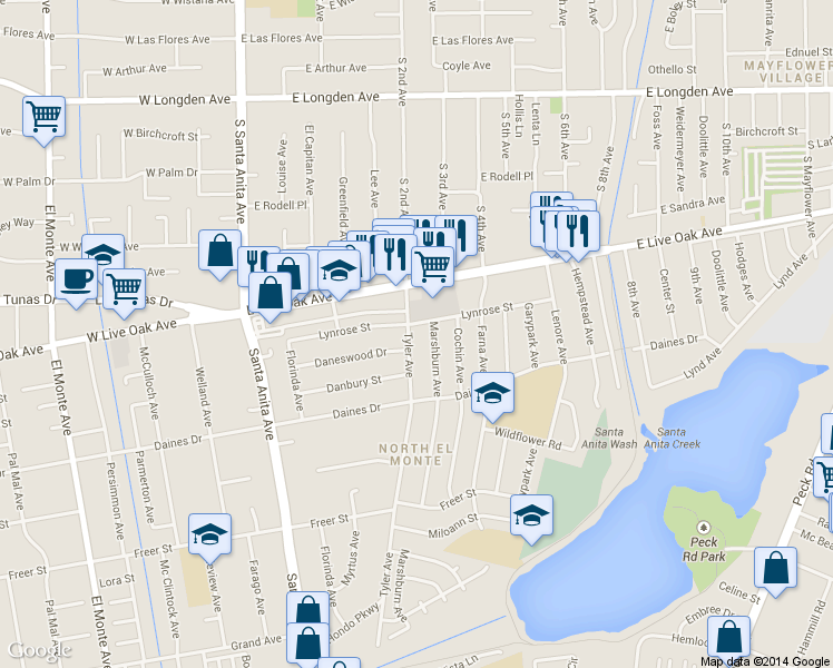 map of restaurants, bars, coffee shops, grocery stores, and more near 11271 Lynrose Street in Arcadia