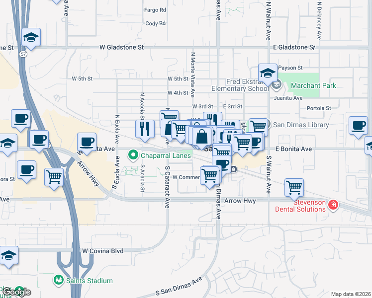 map of restaurants, bars, coffee shops, grocery stores, and more near 232 West Bonita Avenue in San Dimas