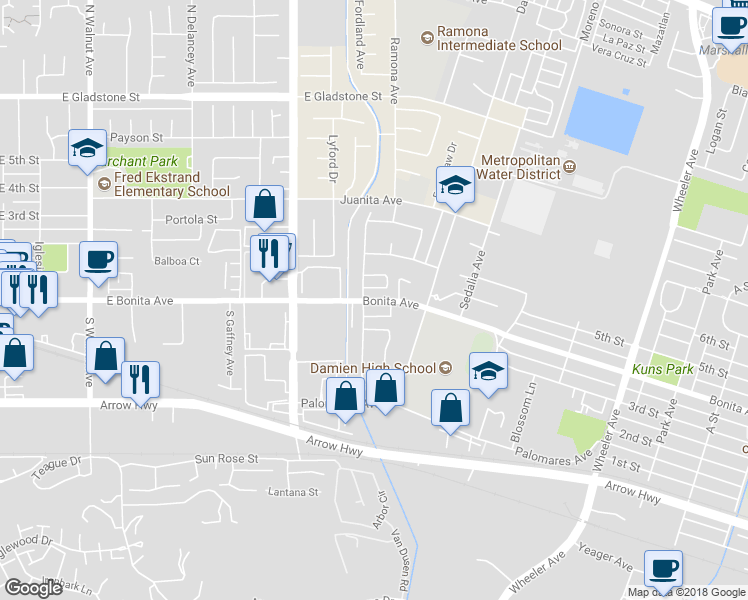 map of restaurants, bars, coffee shops, grocery stores, and more near 831 Bonita Avenue in La Verne