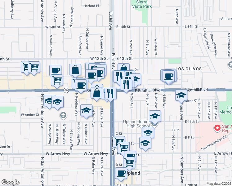 map of restaurants, bars, coffee shops, grocery stores, and more near 20 East Foothill Boulevard in Upland