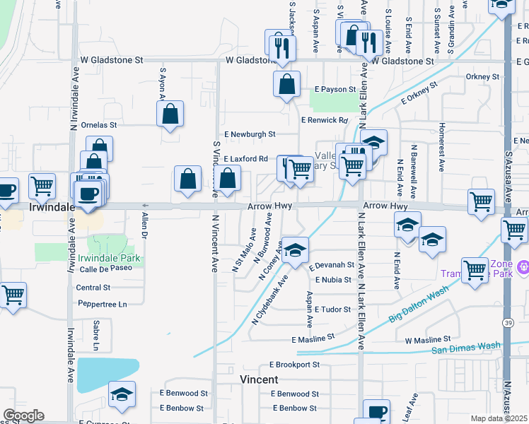 map of restaurants, bars, coffee shops, grocery stores, and more near 16622 Arrow Highway in Covina