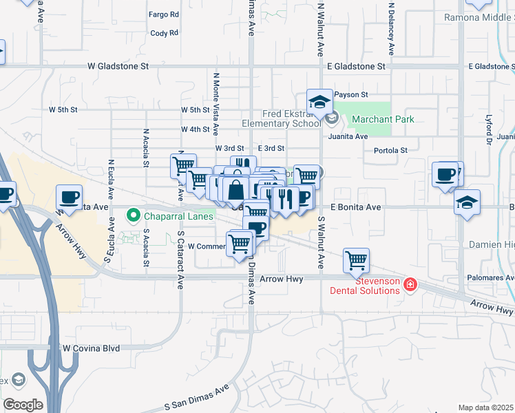 map of restaurants, bars, coffee shops, grocery stores, and more near 1245 West Cienega Avenue in San Dimas