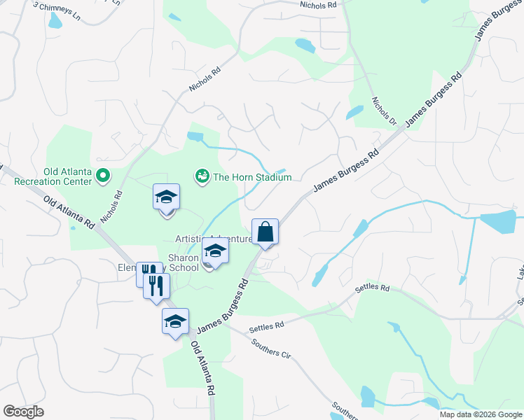 map of restaurants, bars, coffee shops, grocery stores, and more near 1695 Bramble Bush Way in Suwanee