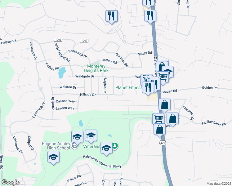 map of restaurants, bars, coffee shops, grocery stores, and more near 6315 Baylor Drive in Wilmington