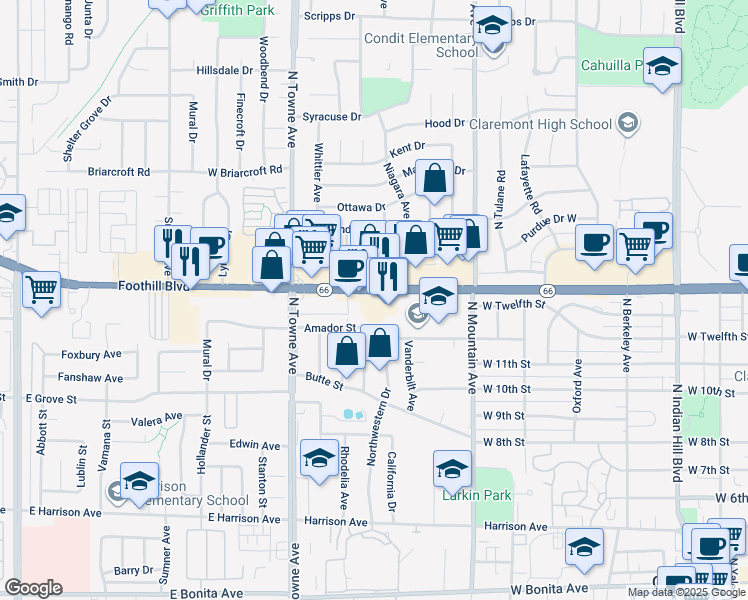 map of restaurants, bars, coffee shops, grocery stores, and more near 962 West Foothill Boulevard in Claremont