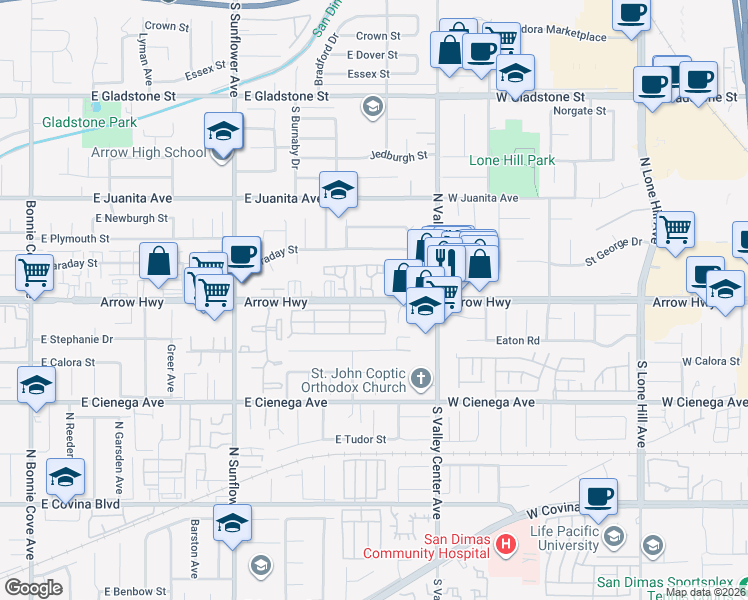 map of restaurants, bars, coffee shops, grocery stores, and more near 1170 Strawberry Lane in Glendora