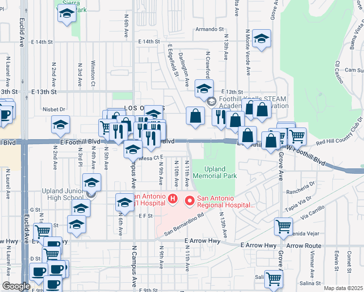 map of restaurants, bars, coffee shops, grocery stores, and more near 1060 West Historic Route 66 in Upland