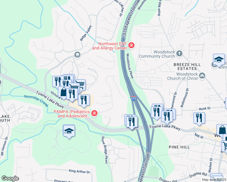 map of restaurants, bars, coffee shops, grocery stores, and more near 164 Stoneforest Drive in Woodstock