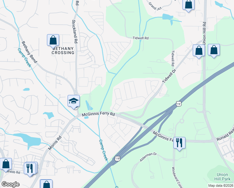 map of restaurants, bars, coffee shops, grocery stores, and more near 1375 Thornborough Drive in Alpharetta