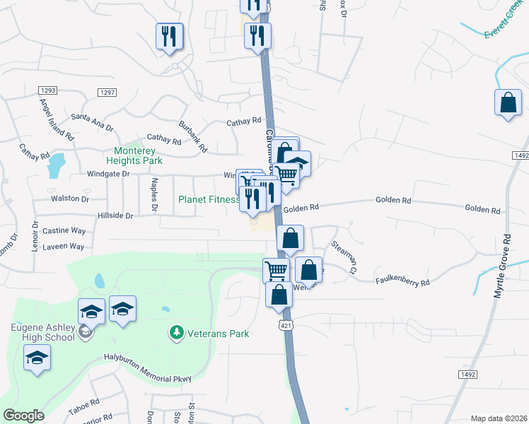 map of restaurants, bars, coffee shops, grocery stores, and more near 6400 Carolina Beach Road in Wilmington