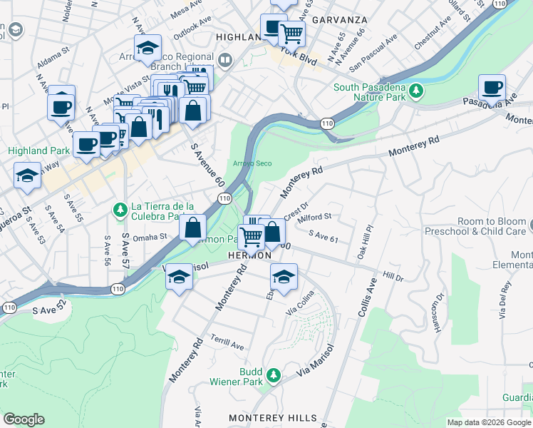 map of restaurants, bars, coffee shops, grocery stores, and more near 6101 Monterey Road in Los Angeles