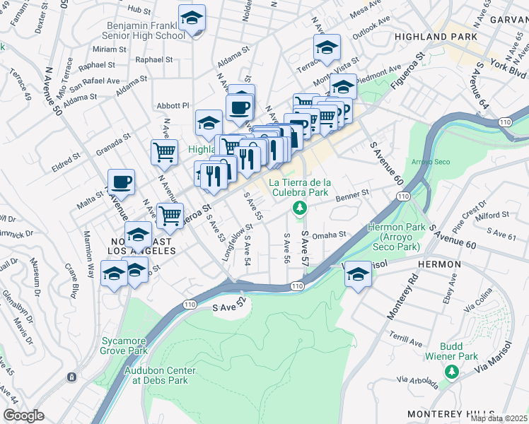 map of restaurants, bars, coffee shops, grocery stores, and more near 141 South Avenue 55 in Los Angeles