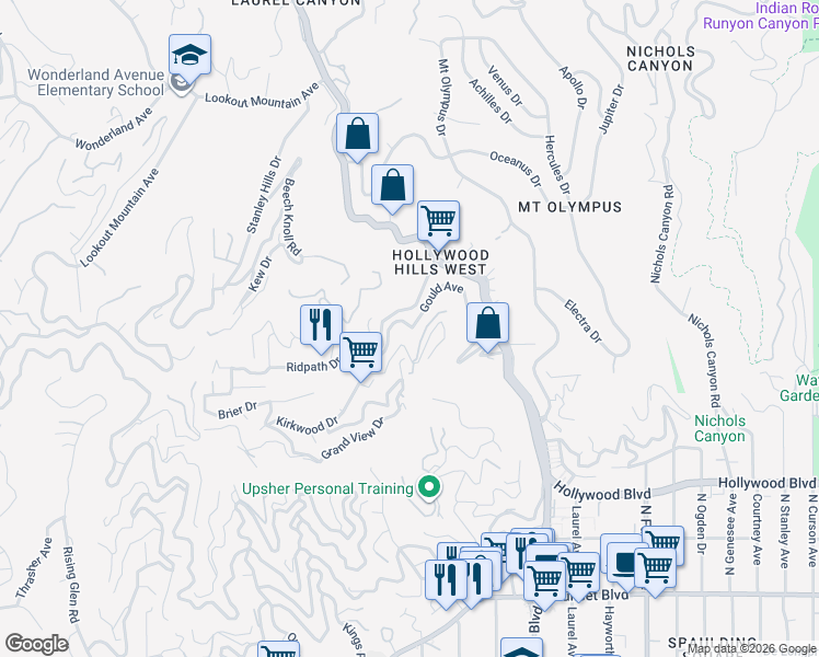 map of restaurants, bars, coffee shops, grocery stores, and more near 8162 Kirkwood Drive in Los Angeles