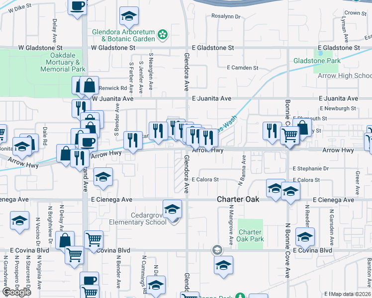 map of restaurants, bars, coffee shops, grocery stores, and more near 21210 West Arrow Highway in Covina