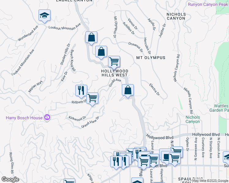 map of restaurants, bars, coffee shops, grocery stores, and more near 8200 Mannix Drive in Los Angeles