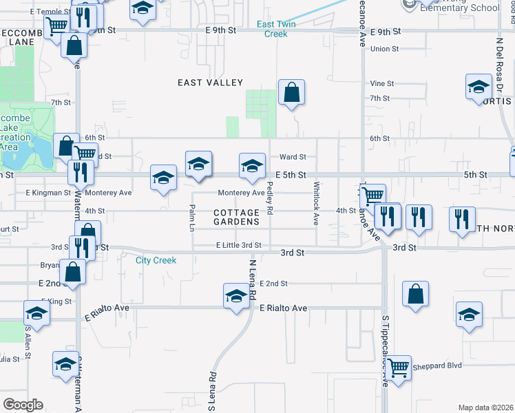 map of restaurants, bars, coffee shops, grocery stores, and more near 24696 4th Street in San Bernardino
