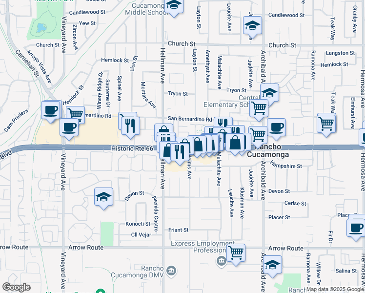 map of restaurants, bars, coffee shops, grocery stores, and more near 8074 Joplin Place in Rancho Cucamonga