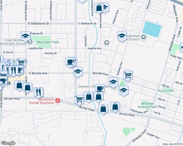 map of restaurants, bars, coffee shops, grocery stores, and more near 2400 North San Dimas Canyon Road in San Dimas
