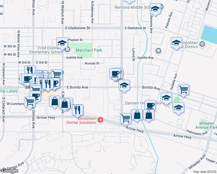 map of restaurants, bars, coffee shops, grocery stores, and more near 555A Damien Avenue in San Dimas