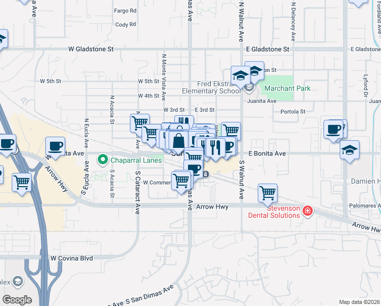 map of restaurants, bars, coffee shops, grocery stores, and more near in San Dimas