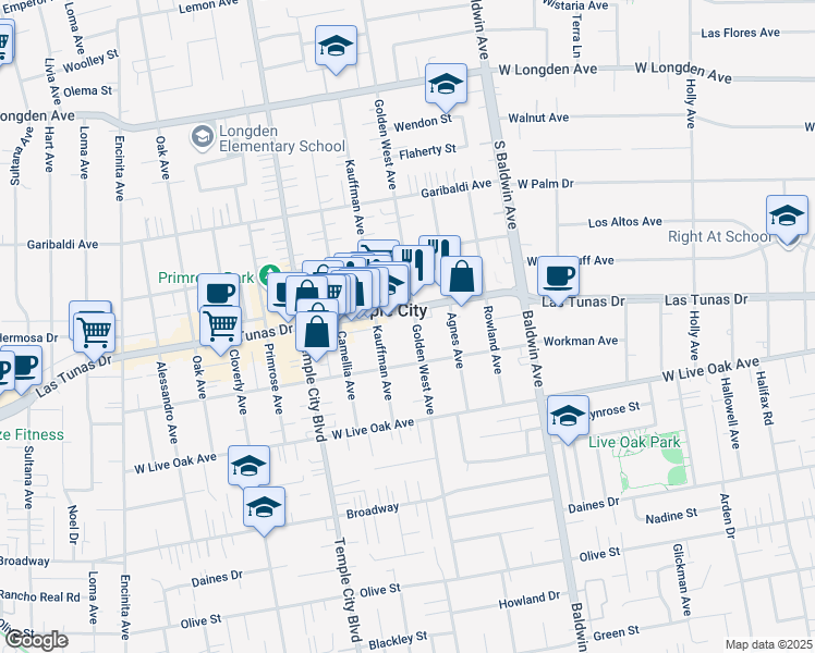map of restaurants, bars, coffee shops, grocery stores, and more near in Temple City