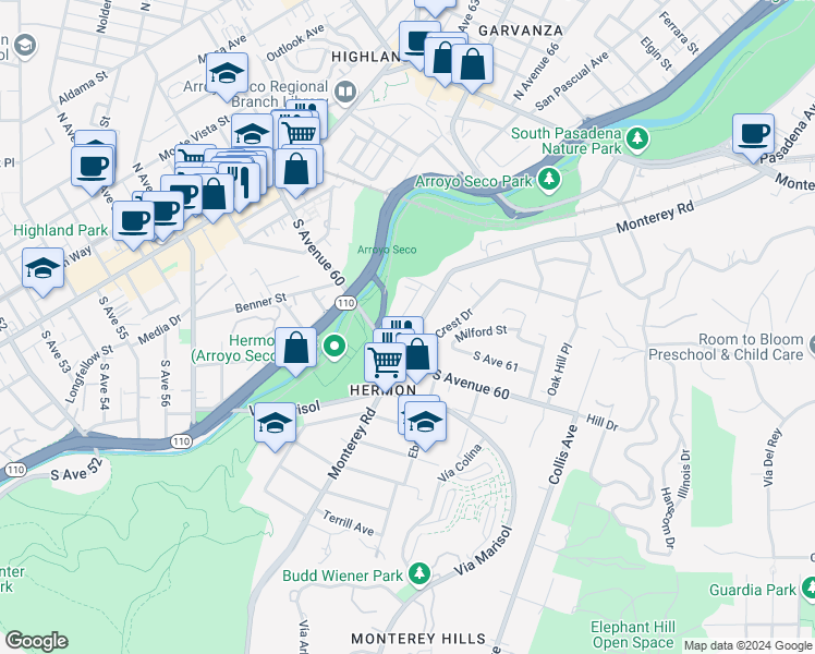 map of restaurants, bars, coffee shops, grocery stores, and more near 6117 Monterey Road in Los Angeles