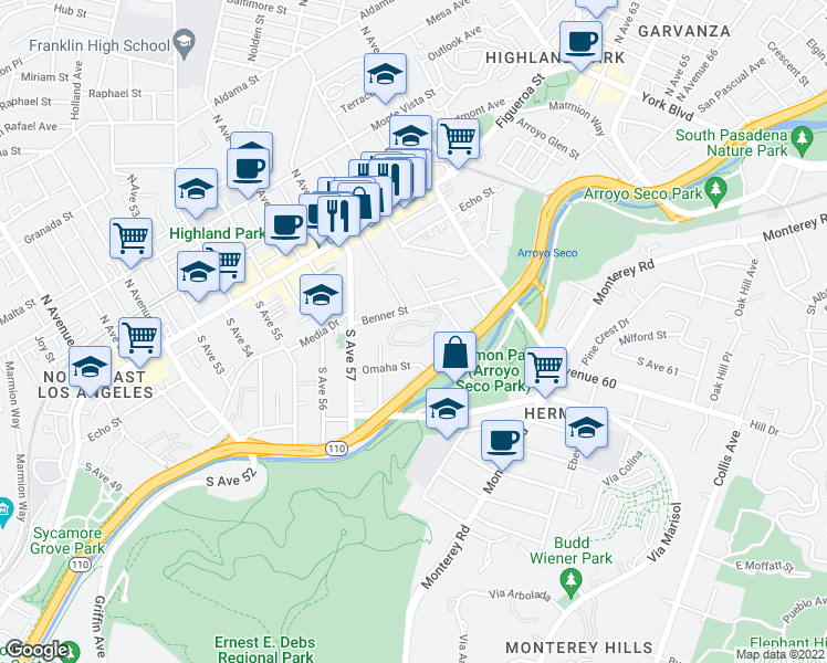 map of restaurants, bars, coffee shops, grocery stores, and more near 5840 Benner Street in Los Angeles