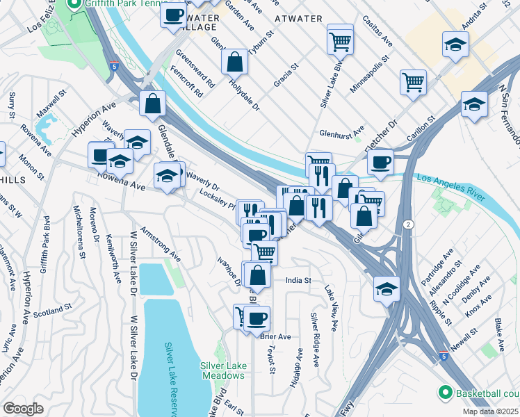 map of restaurants, bars, coffee shops, grocery stores, and more near 2600 Riverside Drive in Los Angeles