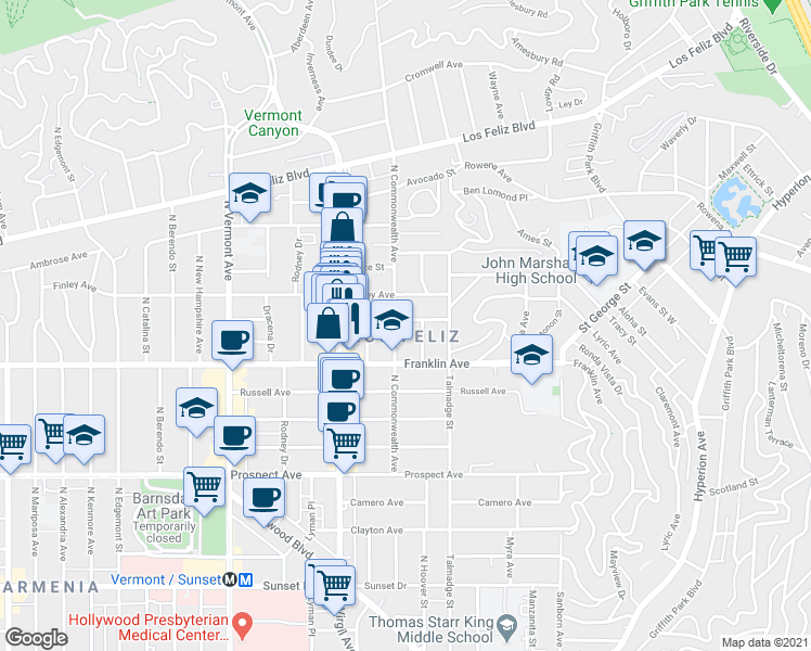 map of restaurants, bars, coffee shops, grocery stores, and more near in Los Angeles