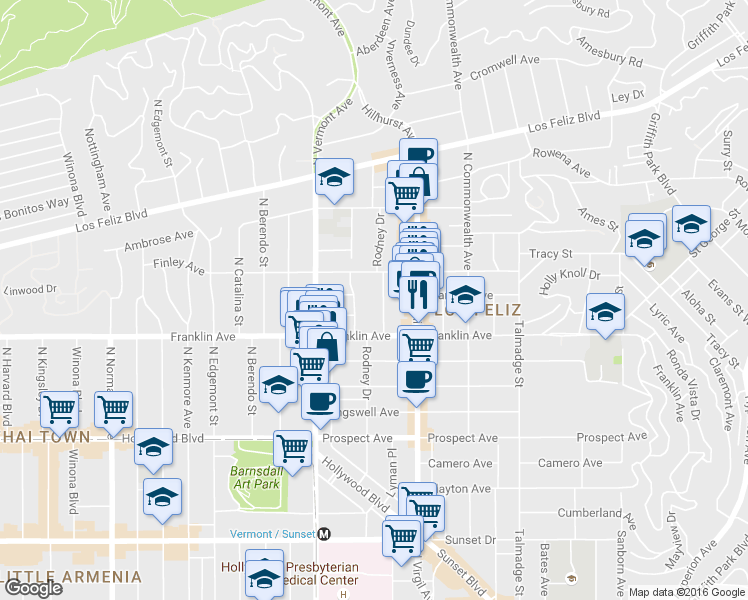 map of restaurants, bars, coffee shops, grocery stores, and more near 1954 Dracena Drive in Los Angeles