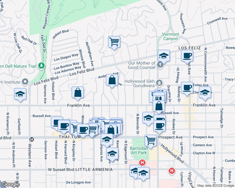 map of restaurants, bars, coffee shops, grocery stores, and more near 1953 North Kenmore Avenue in Los Angeles