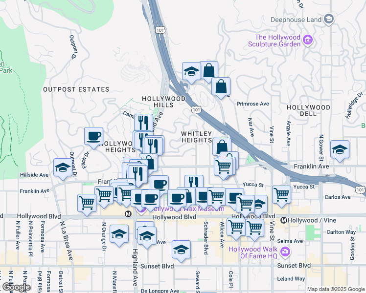 map of restaurants, bars, coffee shops, grocery stores, and more near 2073 Grace Avenue in Los Angeles